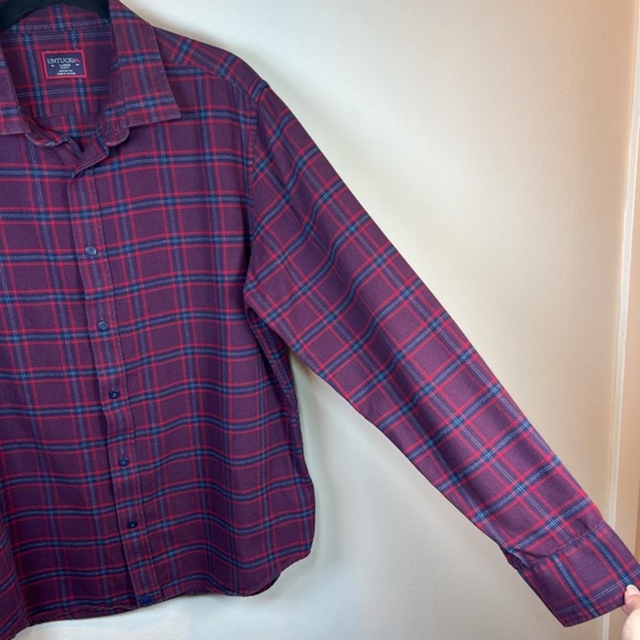 UNTUCKit Men's Barry Flannel Long Sleeve Plaid Button Front Shirt Maroon Blue XL - Picture 2 of 11